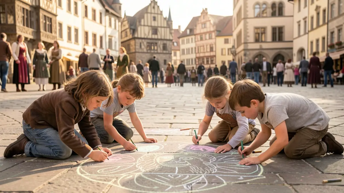 Generic image of children drawing historical outlines with chalk on a town square, with blurred medieval buildings in the background.