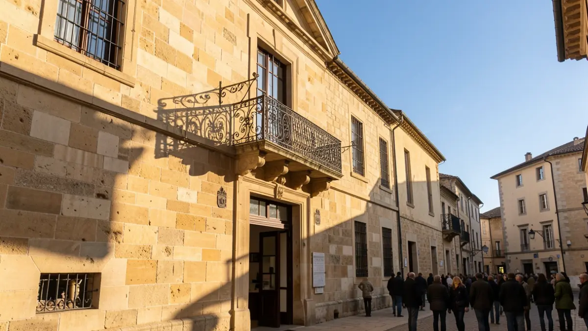 Generieke afbeelding van een traditionele stenen stadhuisgevel met een sierlijke balkon en ijzeren balustrades, warm middaglicht dat schaduwen werpt op de zandstenen muren, blauwe lucht, documentaire fotografie stijl.