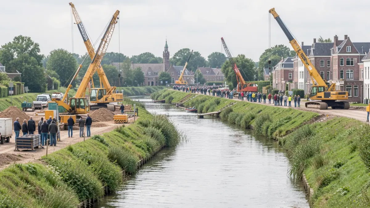 Generic image of a construction site along a waterway in Flanders, with machinery and greenery in the surroundings.