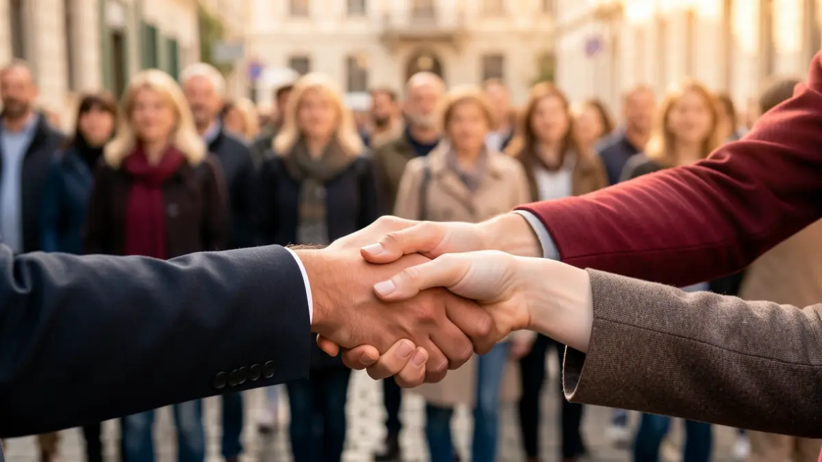 Generieke afbeelding van een hand die een andere hand helpt, met een wazige achtergrond van diverse mensen. De sfeer is ondersteunend en krachtig, met zachte, warme verlichting.