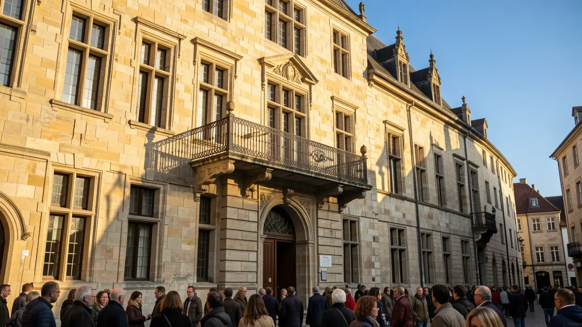 Generieke afbeelding van de gevel van een Vlaams stadhuis met een sierlijke balkon en ijzeren balustrade, badend in warm middaglicht dat duidelijke schaduwen werpt op de zandstenen muren, met een helderblauwe hemel.