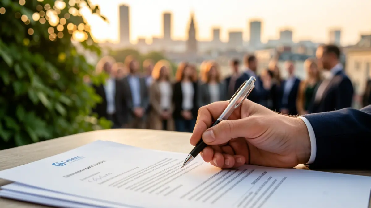 Close-up of a hand signing a document related to climate action, with blurred green foliage and city skyline in the background. Warm, hopeful lighting. Documentary style.