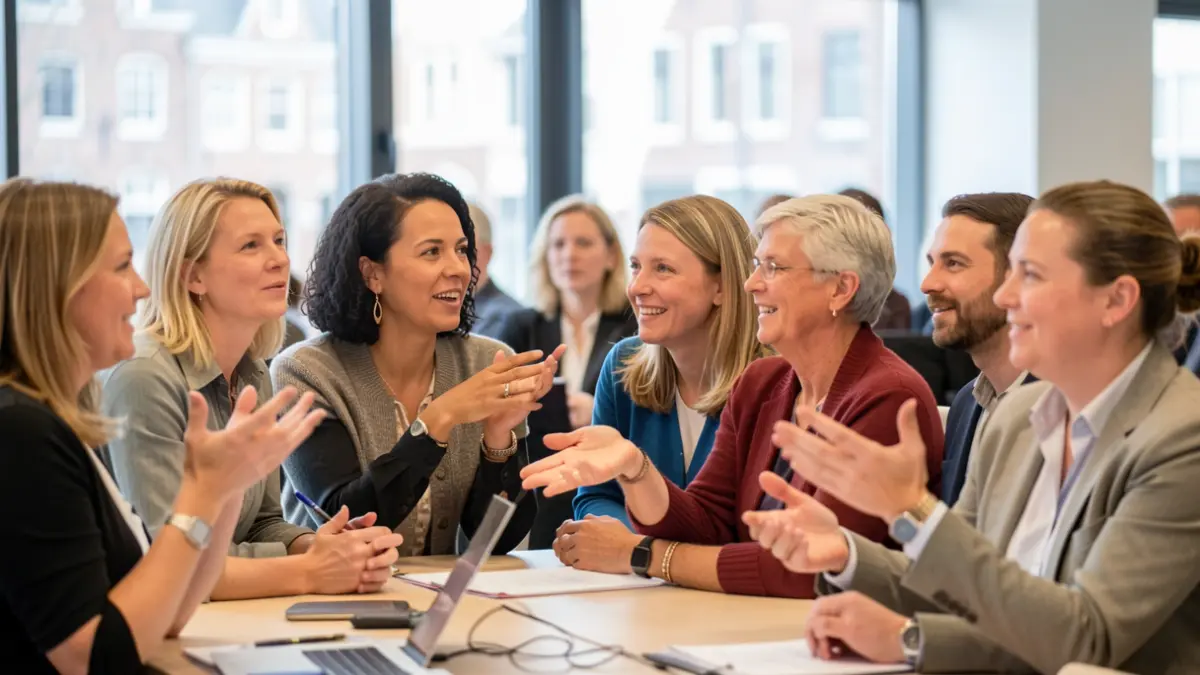 Generic image of a diverse group of professionals attending a workshop in a modern conference room in Flanders, focusing on hands and expressions.