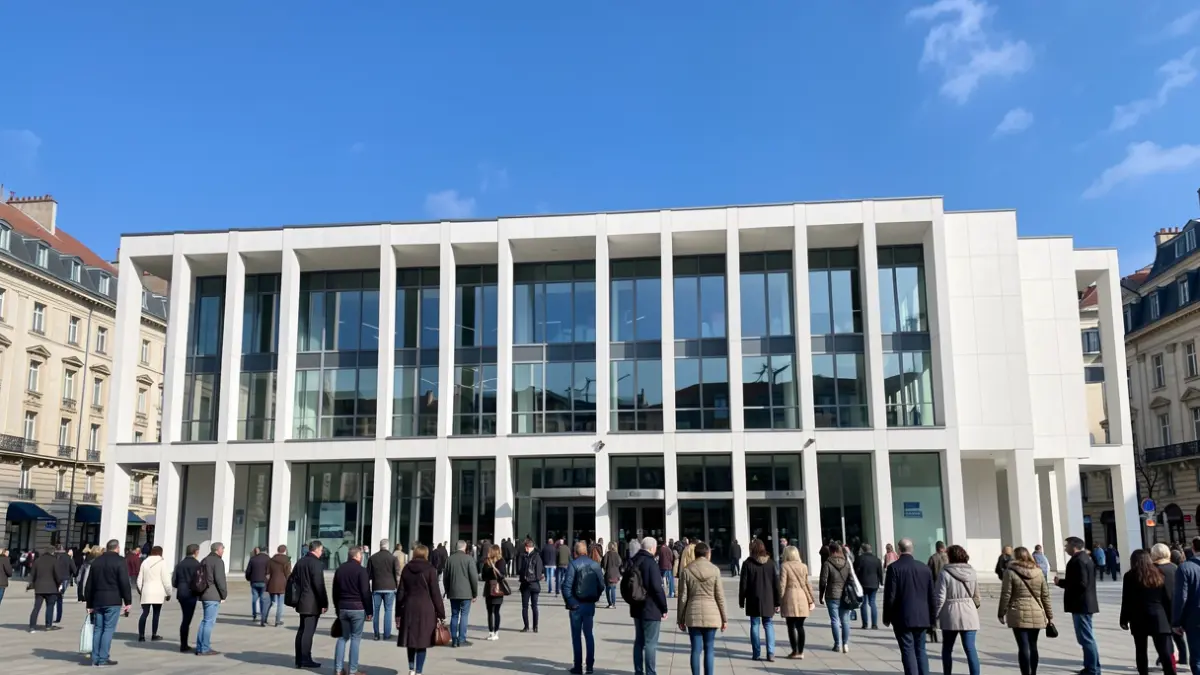 Generieke afbeelding van een modern stadhuis met strakke lijnen en grote ramen, dat een heldere blauwe hemel weerspiegelt, symbool voor innovatie en duurzaamheid.