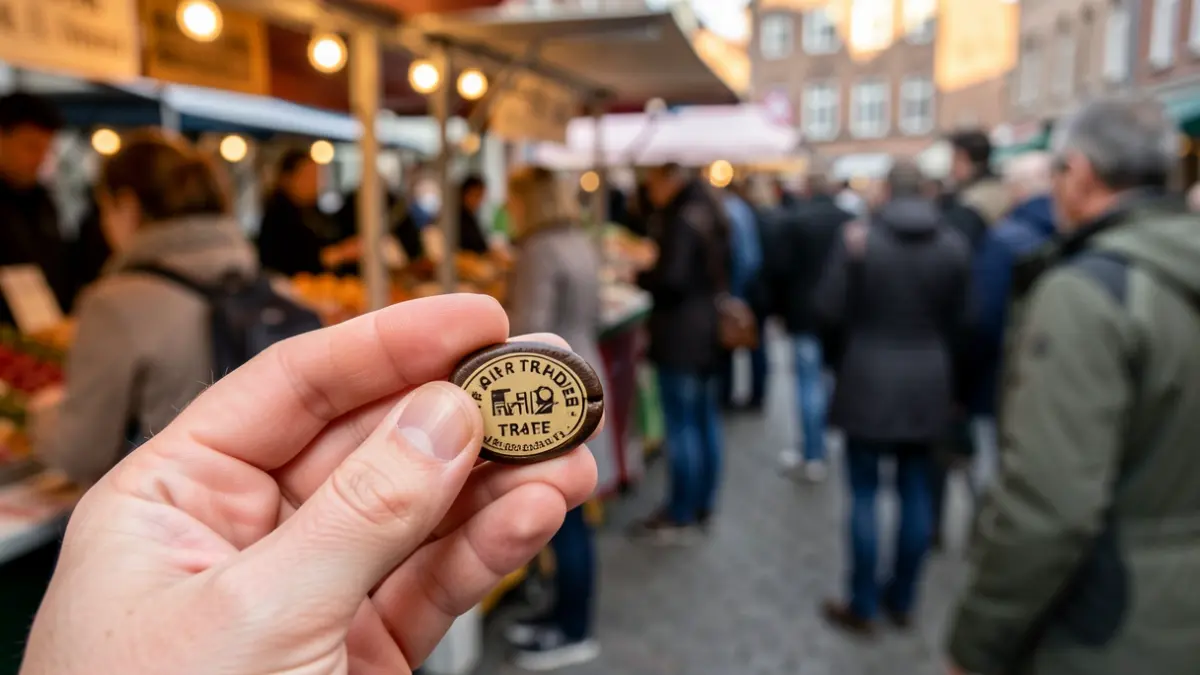 Close-up van een hand die een fairtrade koffieboon vasthoudt, met op de achtergrond een vervaagde markt in Leuven.