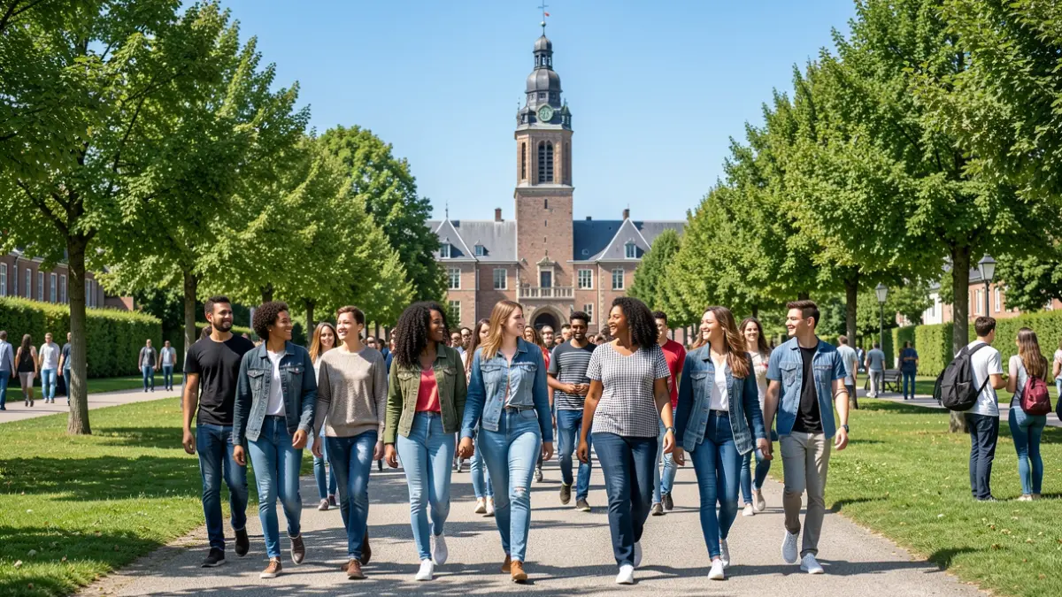 Groep jonge nieuwkomers wandelt door Leuven ter viering van 25 jaar OKAN-vrijetijdswerking, met de belforttoren op de achtergrond.