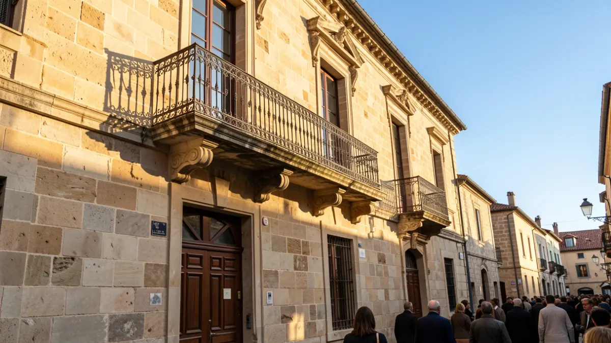 Generieke afbeelding van een traditionele stenen stadhuisgevel met een sierlijke balkon en ijzeren balustrades, warm middaglicht dat schaduwen werpt op de zandstenen muren, blauwe lucht, in documentaire stijl.