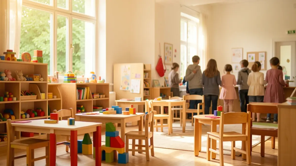 Generic image of a childcare center in Flanders with toys and furniture, bathed in soft light.