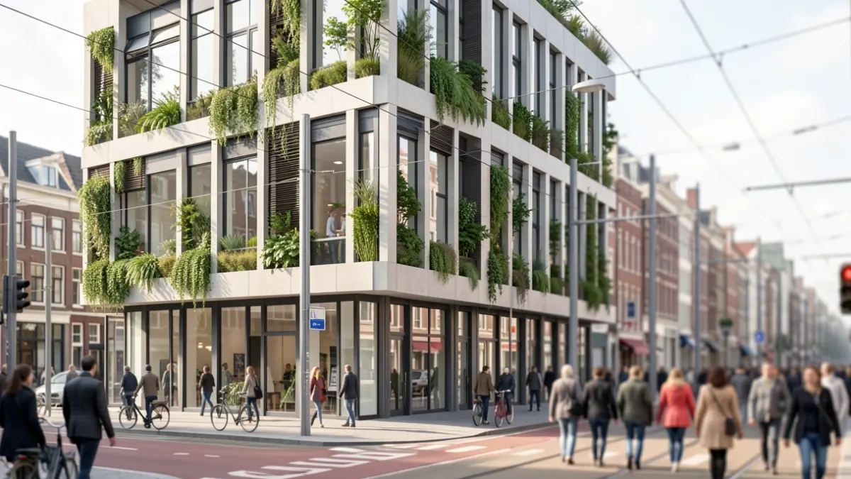 Generieke afbeelding van een modern, duurzaam gebouw in een Vlaamse stad met groene elementen en grote ramen, met op de achtergrond stedelijke infrastructuur zoals tramsporen of fietspaden. Zacht, natuurlijk daglicht. Focus op innovatie en stadsplanning.