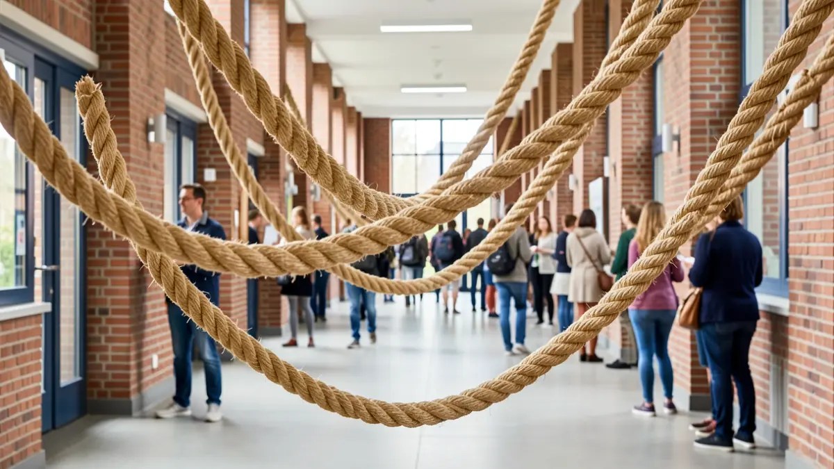 A long, hand-woven rope art installation is draped artistically across a modern school hallway, with blurred students and teachers in the background. The rope is the central focus, with soft, natural light illuminating its texture. The setting is distinctly Flemish, with characteristic brickwork visible.