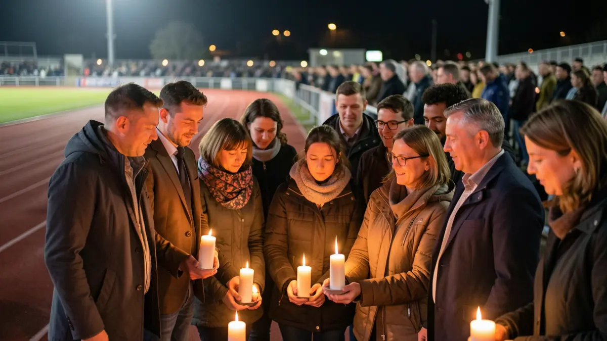 Symbolische kaarsenceremonie tijdens een buiten-evenement met diverse deelnemers, gericht op hoop en herinnering.