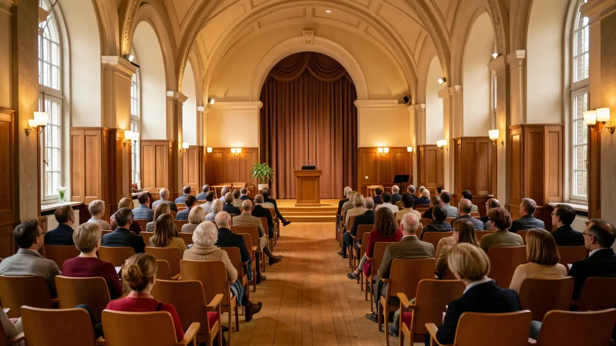 Generieke afbeelding van een uitnodigende lezingzaal in Vlaanderen met lege stoelen en zachte verlichting.
