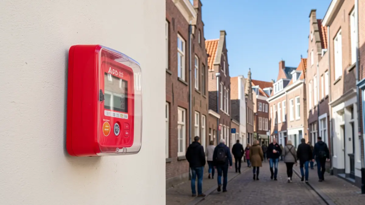 An AED device in a secure cabinet on the exterior wall of a building in Lichtervelde.