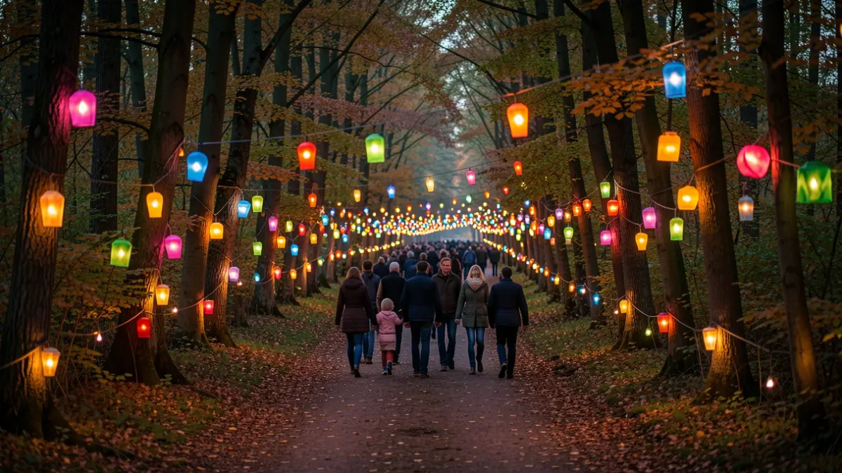 Magische lichtjestocht door het Frijthout in Hove, met kleurrijke lantaarns en een sfeervol decor.