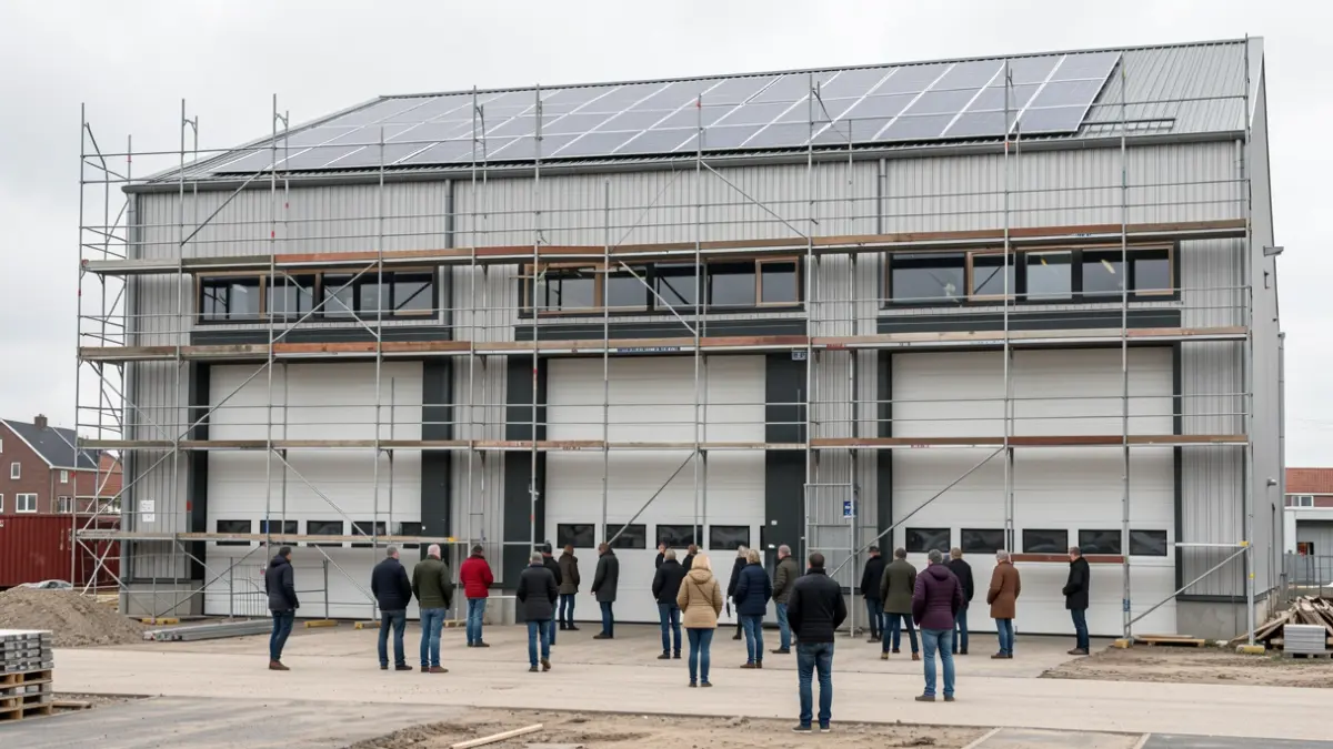 Afbeelding van een gebouw in aanbouw met zonnepanelen op het dak.