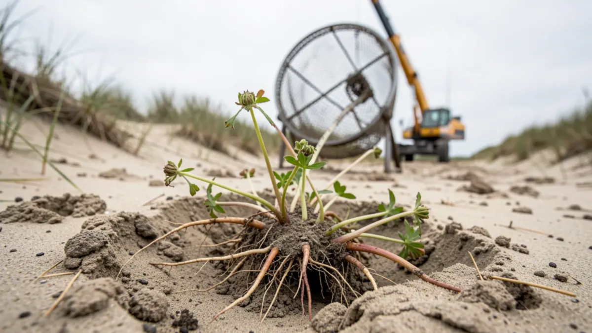 Invasive plant roots being dug out of dune sand in De Haan as part of the LIFE DUNIAS project.