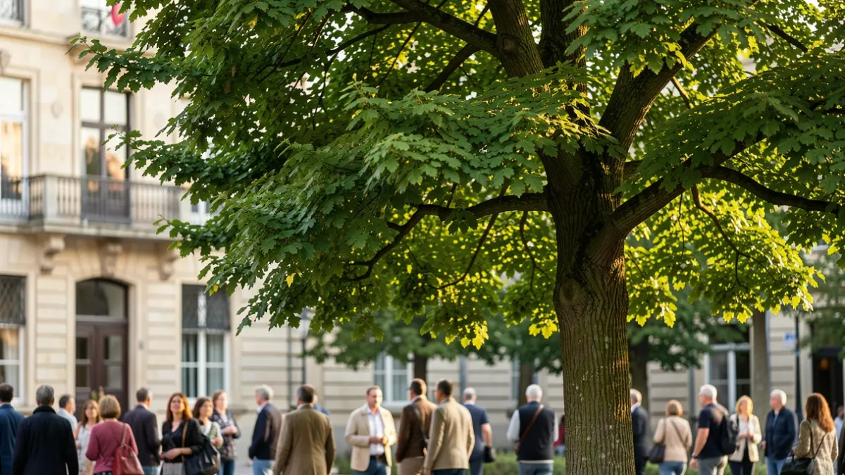 Een weelderige groene boom met een sterke stam en uitgestrekte takken, symbool voor een gezond stedelijk bomenbestand. Op de achtergrond een vervaagde Vlaamse stadhuisgevel met balkon, in zacht middaglicht.