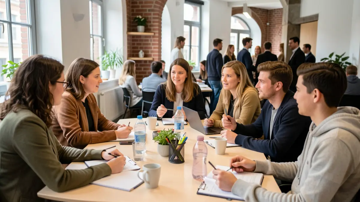 Generic image of a group of diverse young adults sitting around a table in a meeting room, with subtle hints of Flemish architecture in the background.