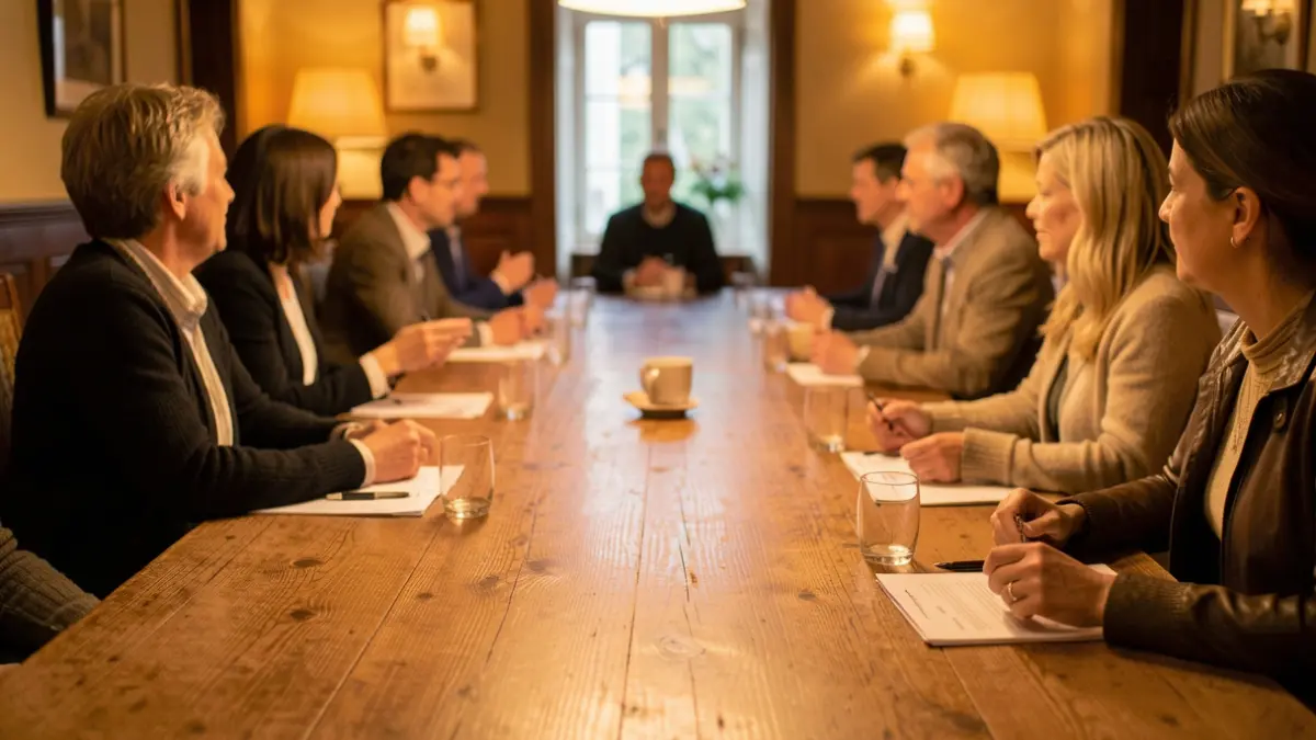 Generieke afbeelding van een vergaderzaal in een Vlaams hotel met een lange tafel en deelnemers in gesprek, zachte belichting.