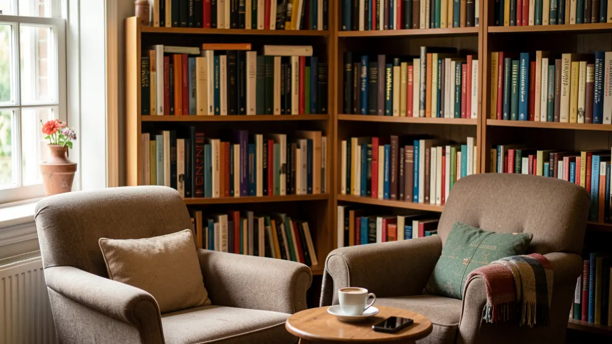 Interior of a cozy library in Flanders with bookshelves, a comfortable armchair, and a table with a coffee cup and smartphone.