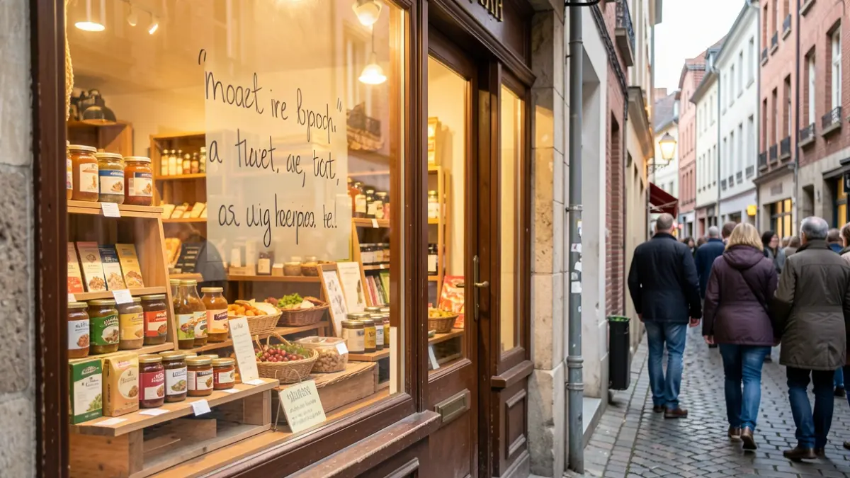 Generic image of an inviting shopfront in a Flemish municipality with a handwritten compliment visible.