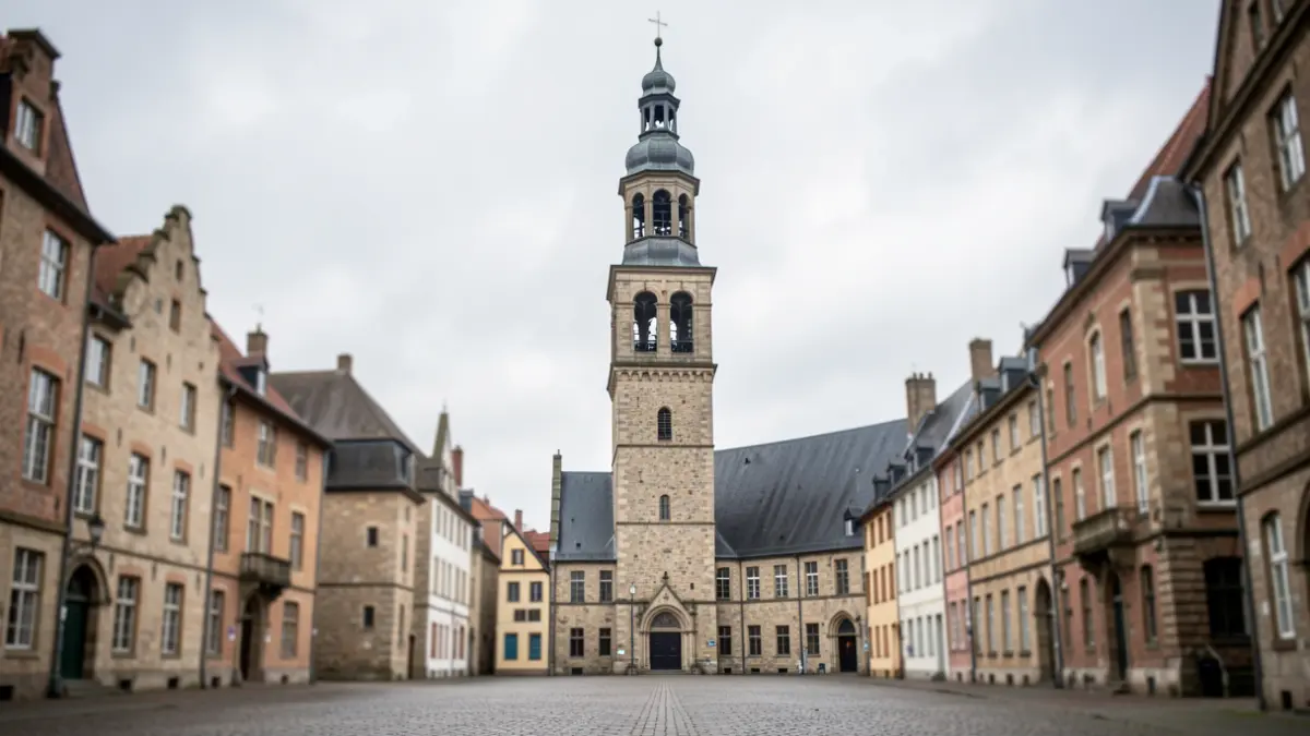 Generic image of a Flemish belfry tower against a slightly overcast sky, with a blurred foreground of historic stone buildings and a cobblestone square.