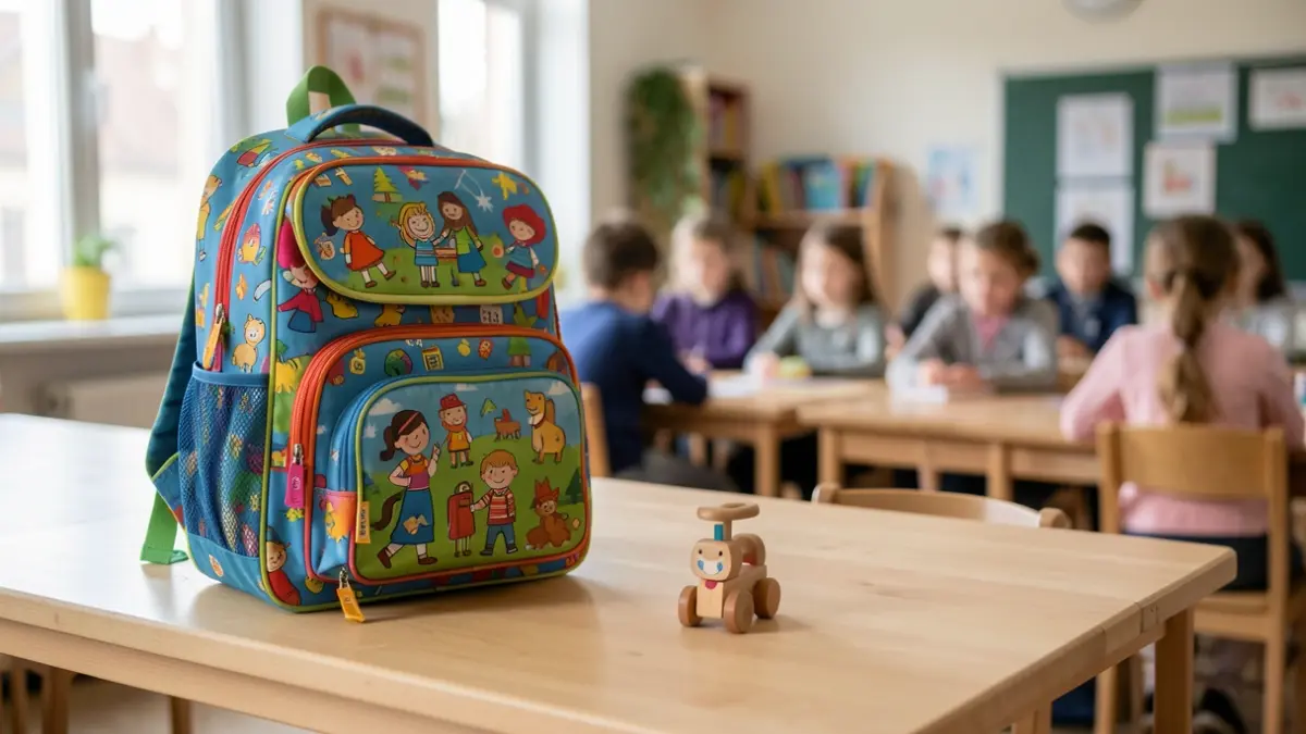 Generic image of school supplies for young children on a wooden table.