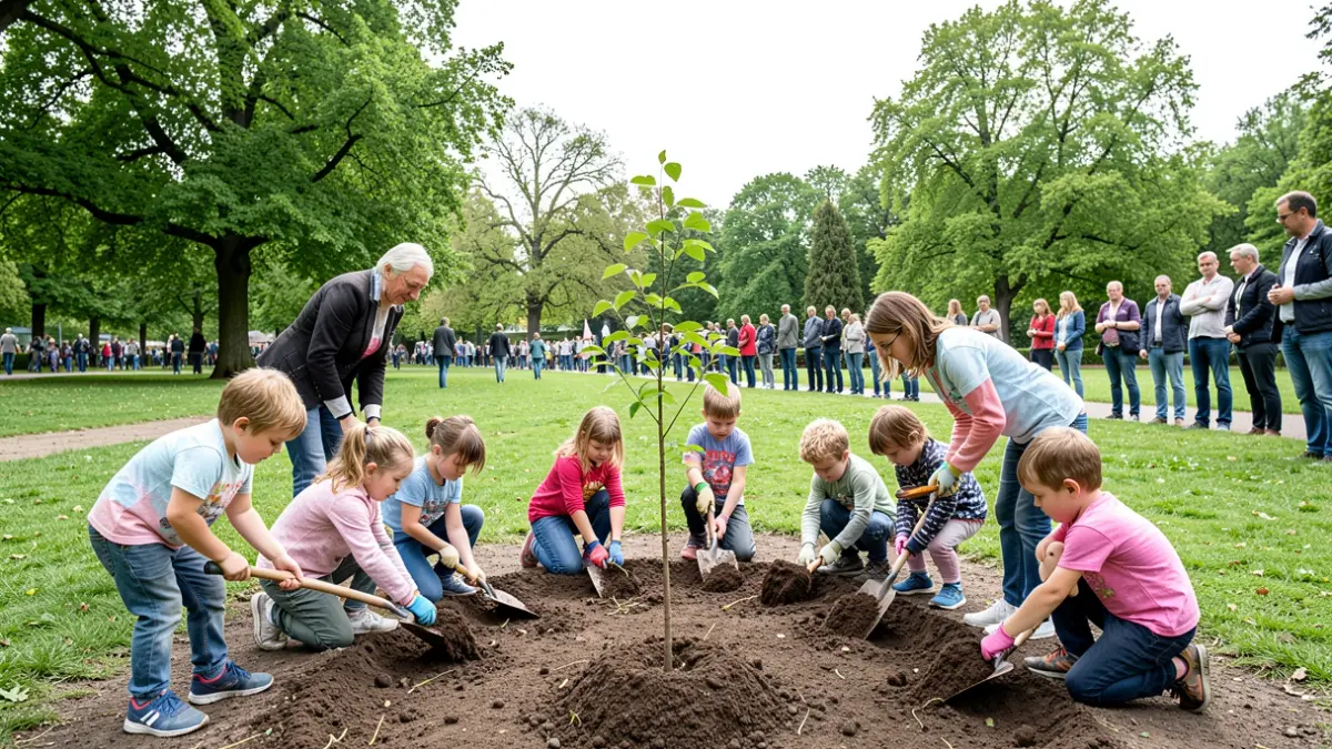 Children and volunteers planting trees in a park in Lummen.