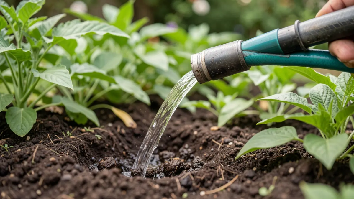 Generieke afbeelding van een tuinslang die water geeft aan een bloembed, met de focus op infiltratie en groen.