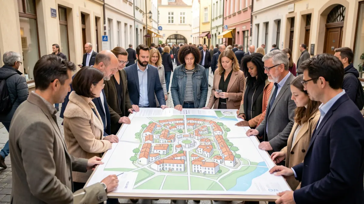 Groepsfoto van inwoners, ondernemers en bezoekers die nadenken over de toekomst van de Maaseikse stadskern.