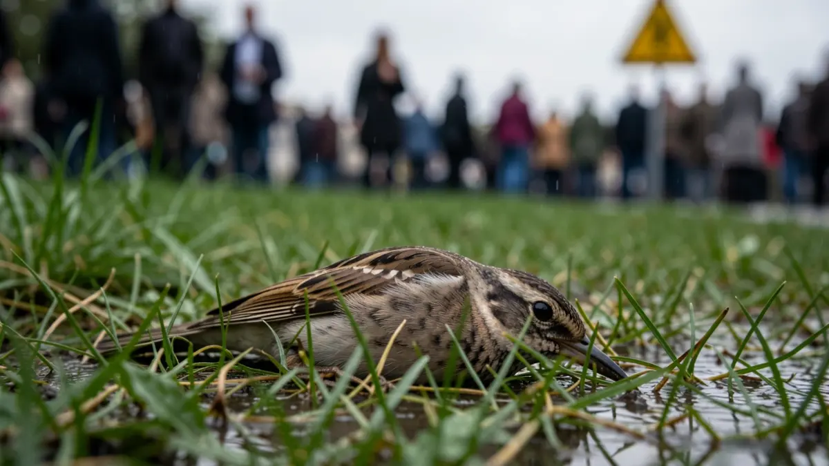 A dead wild bird on wet grass, with blurred background and somber lighting.