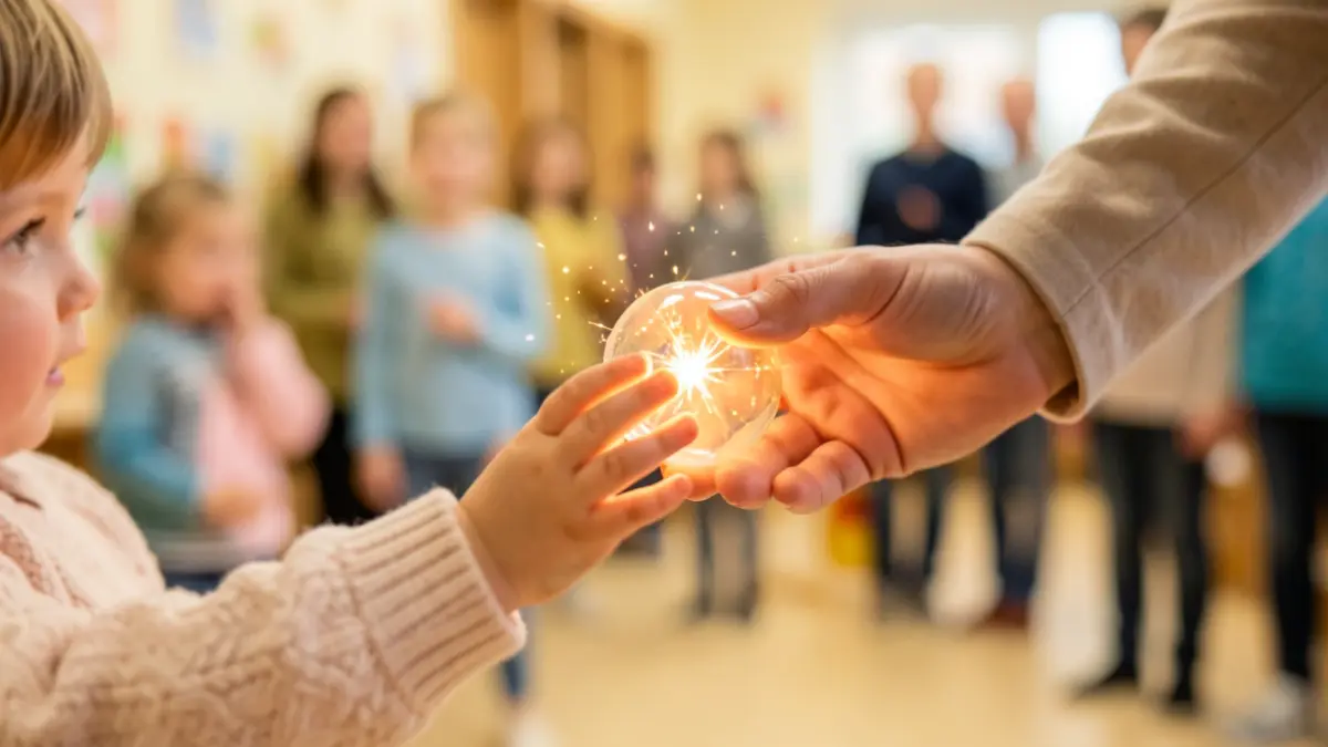 Generieke afbeelding van een kinderhand die naar een fonkelend, magisch object reikt, vastgehouden door een wazige volwassen hand, tegen een zachte achtergrond die een kinderdagverblijf suggereert. Focus op verwondering en zorg.