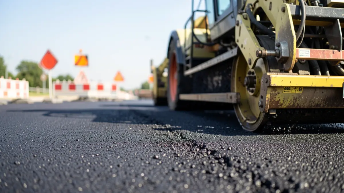 Generieke afbeelding van een asfaltmachine die werkt op een wegdek, met vervaagde bouwhekken en waarschuwingslichten op de achtergrond.