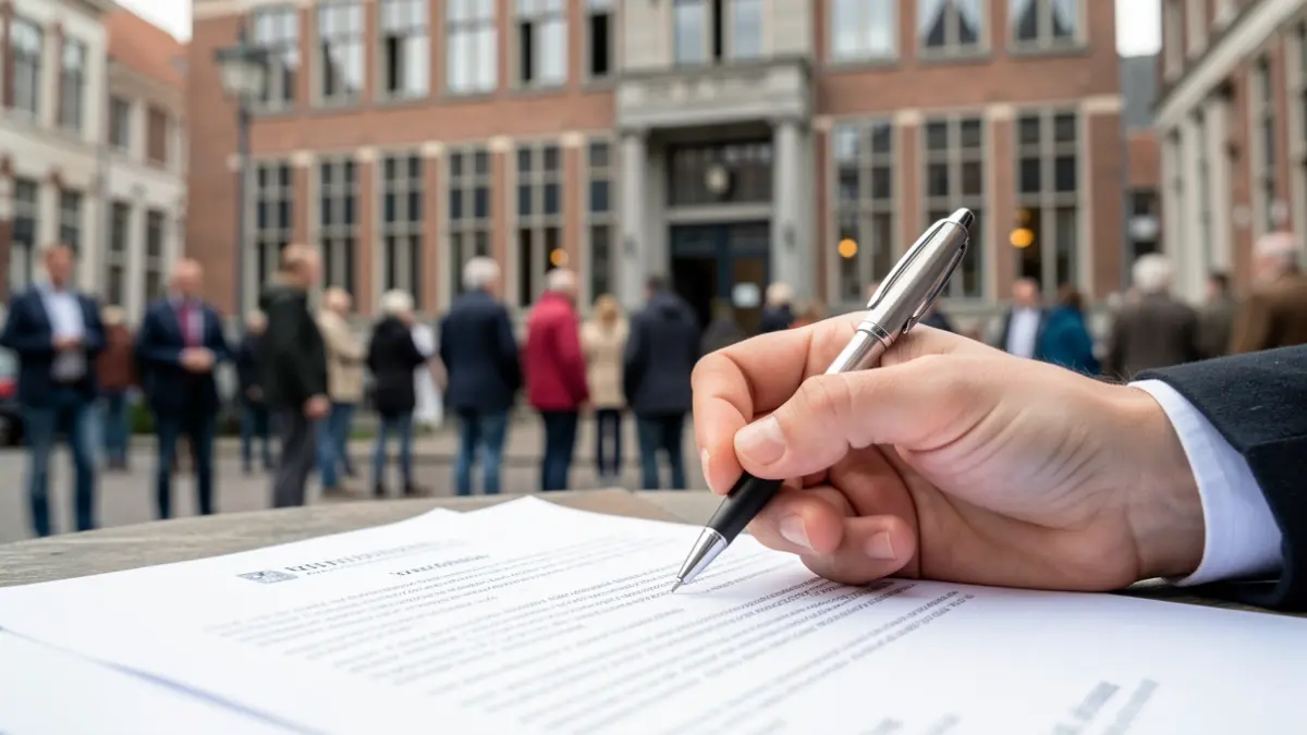 Close-up van een hand met pen boven een officieel document, met op de achtergrond de vage gevel van een Vlaams gemeentehuis bij daglicht.