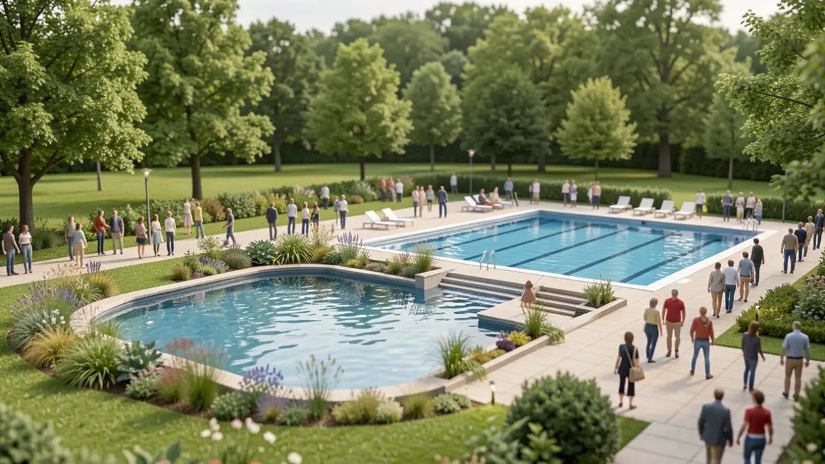 Generic image of a model of a future outdoor swimming pool in a green environment.