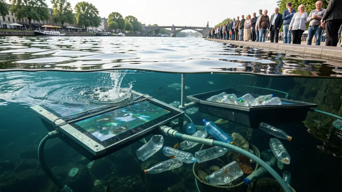 Generieke afbeelding van een bubbel-scherm onder water dat plastic afval verzamelt. Geen specifieke locaties of personen.