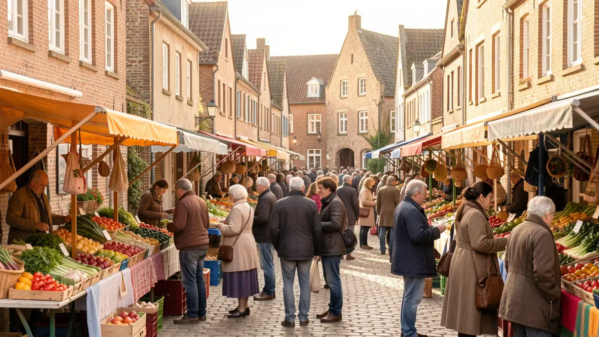 Generieke afbeelding van een levendige markt in een Vlaams dorpsplein met kraampjes en mensen.