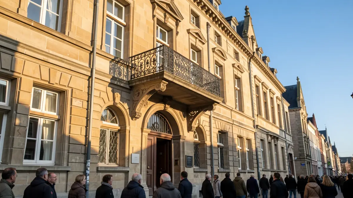 Facade of a traditional Vlaanderen town hall with an ornate balcony and iron railings, bathed in warm afternoon sunlight casting shadows on the sandstone walls, clear blue sky, documentary photography style.