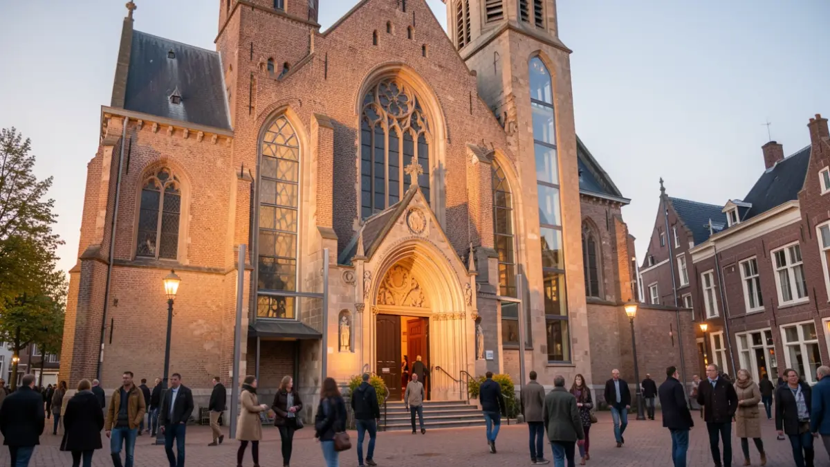 Generic image of a historic church facade with modern architectural elements, symbolizing a new cultural hotspot, in soft evening light.