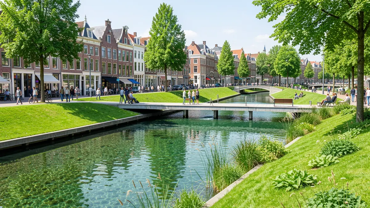 Een toekomstig groen park langs de Binnendijle in Mechelen met moderne architectuur.
