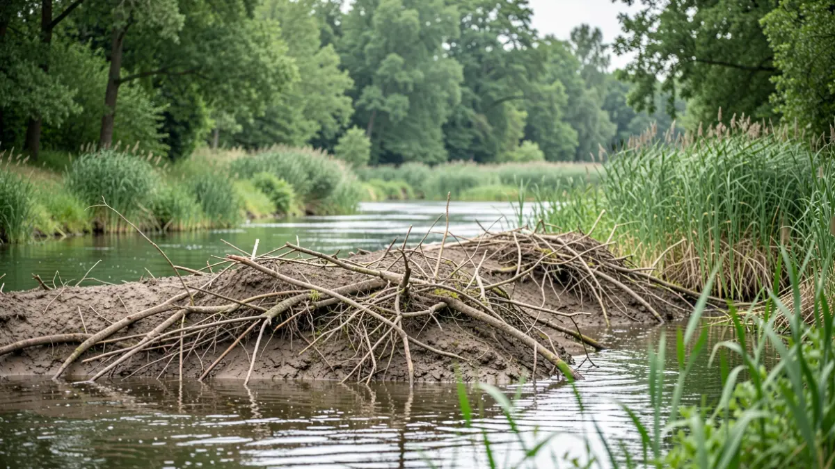 A beaver dam in a calm river with green reeds and trees on the banks.