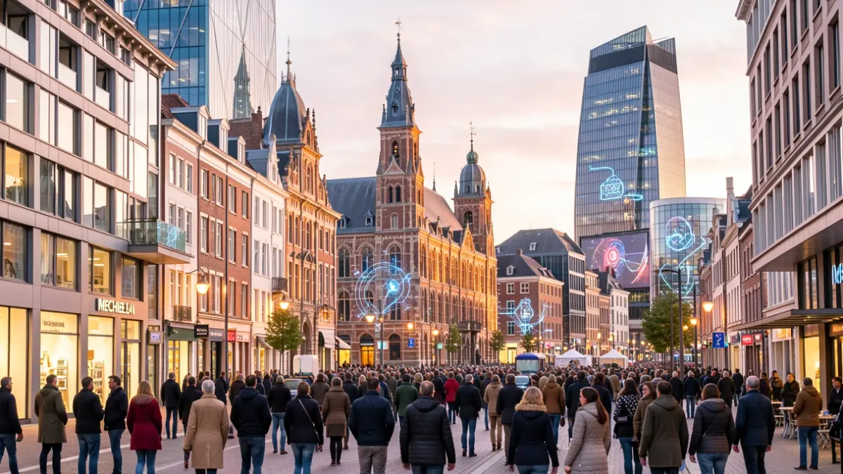 Futuristische stadsgezicht van Mechelen met moderne architectuur en technologische elementen, ter ere van het Flanders Technology & Innovation festival.