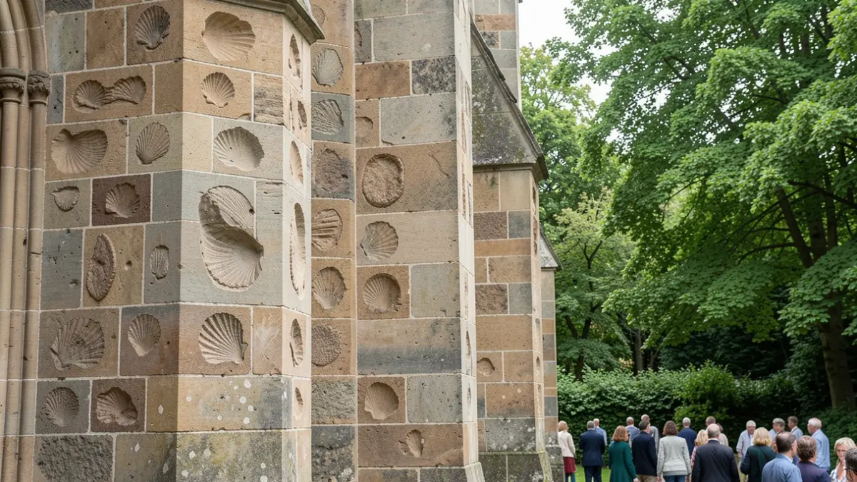 Generic image of a section of a historic stone chapel facade with visible iron sandstone blocks containing fossilized shell imprints, surrounded by lush green trees and foliage, soft natural daylight, documentary photography style.