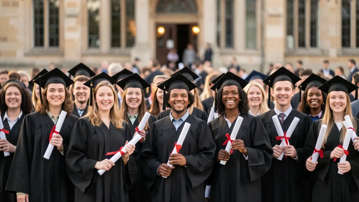 Generieke afbeelding van afstuderende studenten met diploma's.