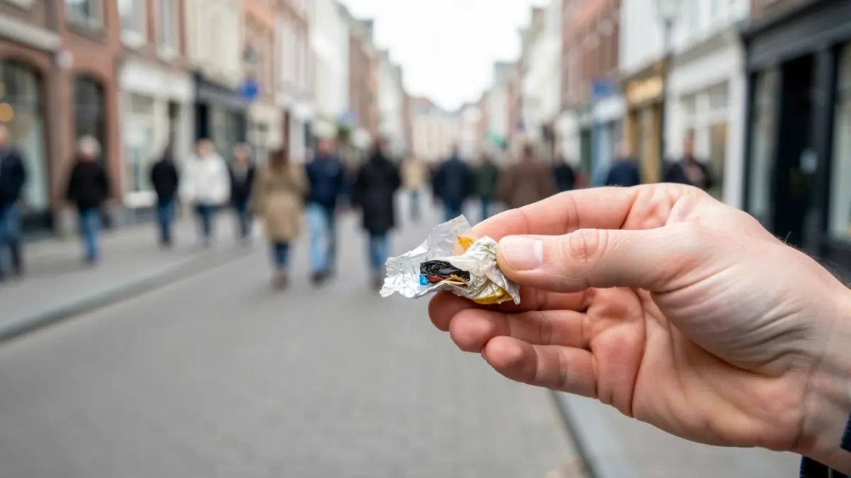 Generic image of a hand holding litter with a clean Flemish street in the background.