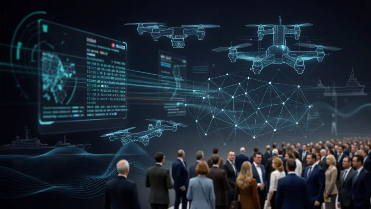 Generic image of abstract defense innovation with elements of AI, drones, and cybersecurity.