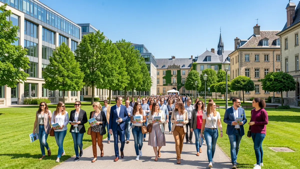 Groep bezoekers op een campus van een psychiatrisch centrum tijdens een opendeurdag.