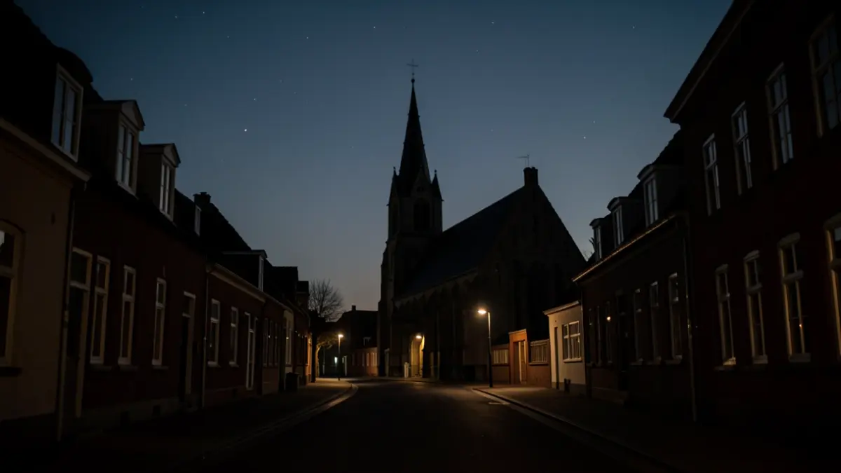 Een donkere straat in Meerhout tijdens de Nacht van de Duisternis, met de Sint-Trudokerk op de achtergrond en de openbare verlichting uitgeschakeld.