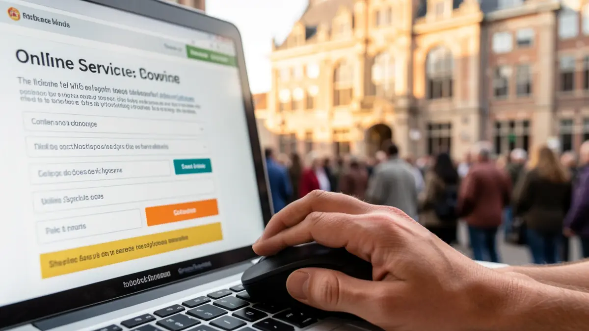 Generieke afbeelding van een gebruiker die een website navigeert op een computer, met op de achtergrond een Vlaamse stadhuisgevel.