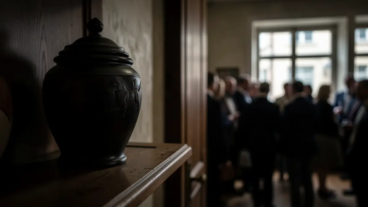 Generic image of a dog's urn on a shelf in a dimly lit room.